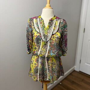 Sundance Paisley Floral Sheer Tie Waist Top 100% Silk Sz S
